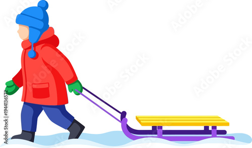 Young child pulls a wooden sled through the snow