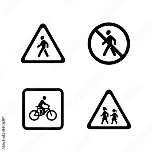 Public safety and crossing signs for pedestrians, bicycles, and traffic hazards.