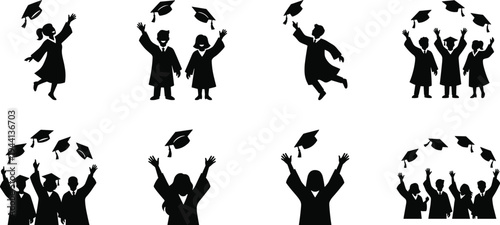 Professional Graduation and Academic Success Icon Set Featuring Students in Caps and Gowns Receiving Diplomas Celebrating Commencement and University Convocation Silhouettes