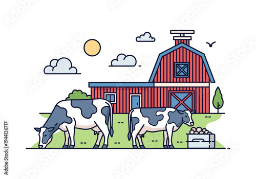 Farm scene with cows grazing near a red barn under a sunny sky with clouds