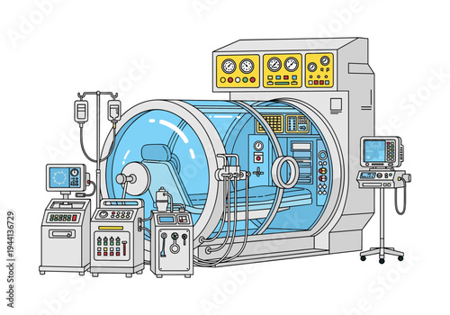 Futuristic medical chamber with advanced life support and monitoring equipment