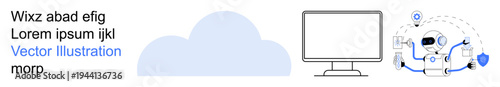 Cloud computing, artificial intelligence, data security, virtual assistant, network connectivity, technology innovation. Monitor, cloud graphic and robotic AI figure . Cloud computing and artificial