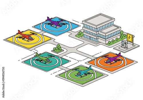Isometric illustration of a futuristic urban air mobility hub with electric VTOL aircraft and charging station