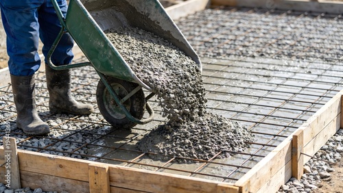 Construction worker pours freshly mixed concrete from a wheelbarrow onto reinforcing steel mesh for a slab foundation.