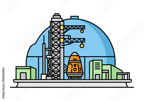 Space launchpad with rocket capsule and launch tower under a dome