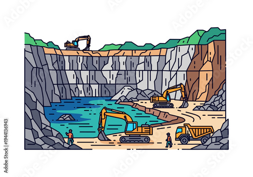 Open pit mine with excavators, dump truck, and workers near a water body