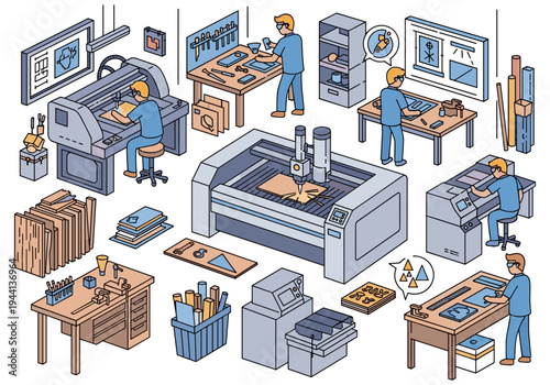 Modern workshop with workers operating advanced machinery and crafting designs