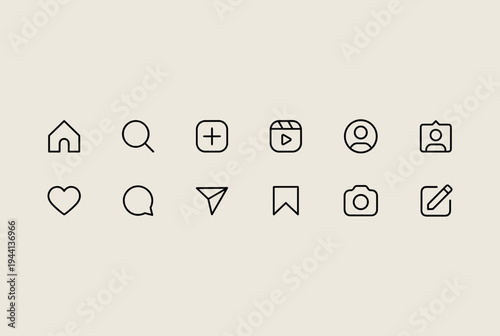 Social Media Line Icon Set Home Search Camera User Message Vector Interface Symbols