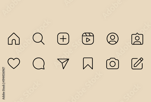 Social Media Line Icon Set Home Search Camera User Message Vector Interface Symbols