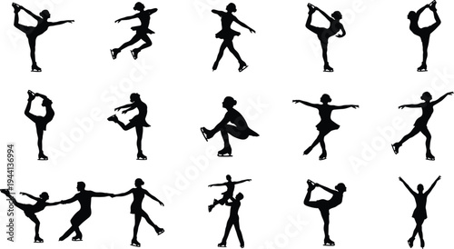Professional Figure Skating Icon Set Featuring Ice Skaters Performing Spins Jumps Spirals and Artistic Pairs Dancing Silhouettes
