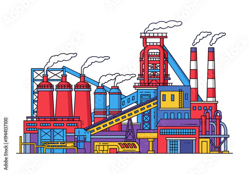 Colorful industrial factory complex with smoking chimneys and conveyor belts in a flat design style