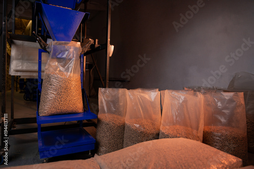 Pellet production in a factory. Heating a house with pellets. Pellet manufacturing process and its storage.