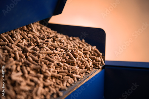 Pellet production in a factory. Heating a house with pellets. Pellet manufacturing process and its storage.