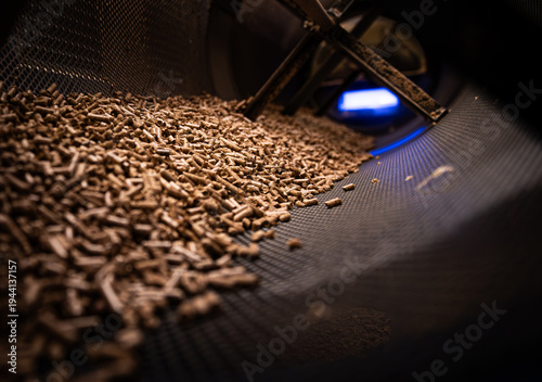 Pellet production in a factory. Heating a house with pellets. Pellet manufacturing process and its storage.