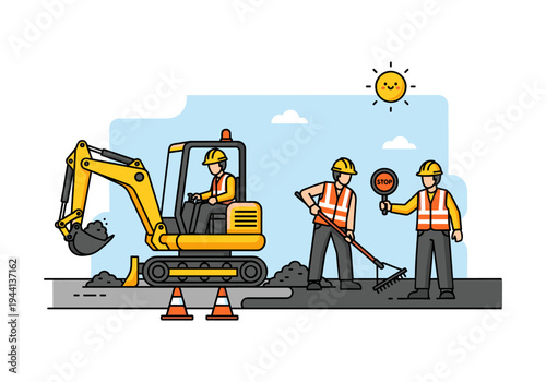 Construction workers with excavator and stop sign, busy roadwork scene under a sunny sky