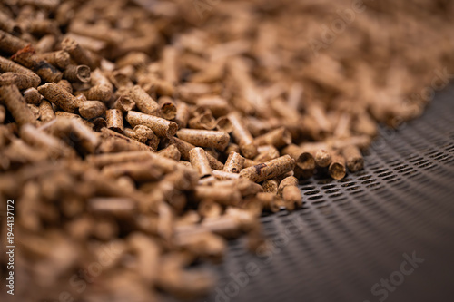 Pellet production in a factory. Heating a house with pellets. Pellet manufacturing process and its storage.