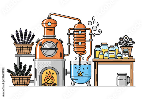 Illustration of a distillation setup for extracting herbal oils with lavender and chamomile
