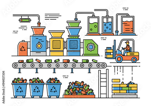 Automated battery recycling plant with conveyor belt and processing machinery