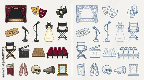 A collection of colorful and sketched illustrations depicting various elements of theater and performance art.