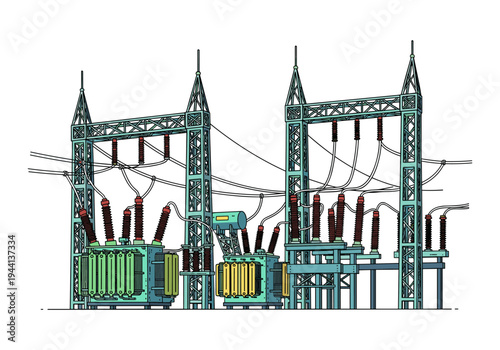 Electrical substation with transformers and power lines, illustration of energy infrastructure