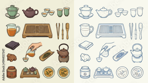 A comprehensive collection of illustrations depicting various elements and tools used in a traditional Chinese tea ceremony, presented in both color and monochrome versions.