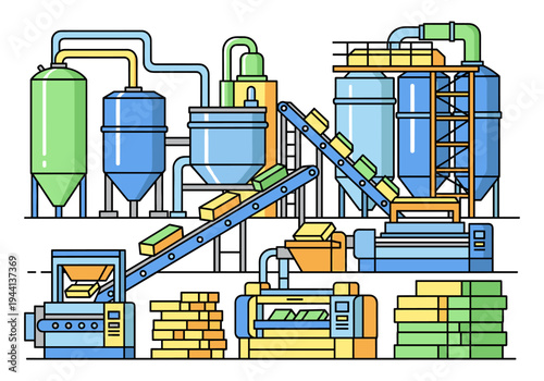 Modern industrial factory with conveyor belts and storage silos, flat design illustration
