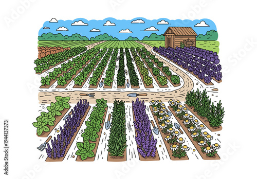 Vibrant organic farm with rows of lavender, basil, rosemary, and chamomile flowers