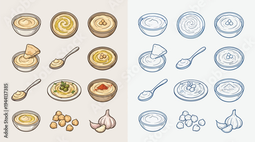 A collection of colorful and line-art illustrations of hummus dishes, ingredients, and serving suggestions.