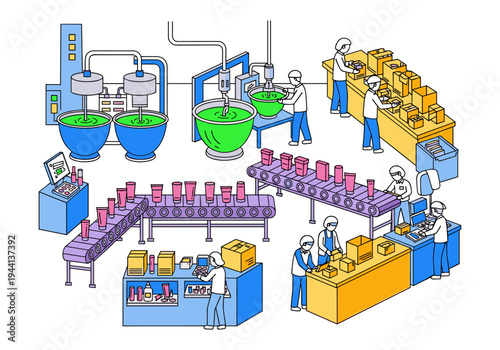 Cosmetic production line with workers assembling and packaging products in a factory setting