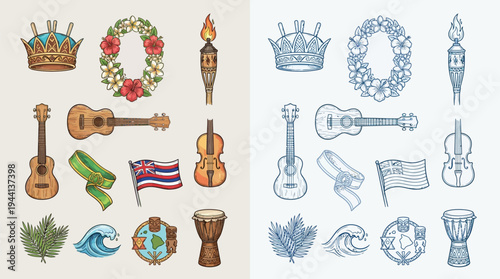 A collection of colorful and monochromatic illustrations of Hawaiian cultural symbols and musical instruments.