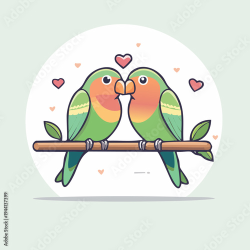 Two Lovebirds Perched on a Branch with Hearts.