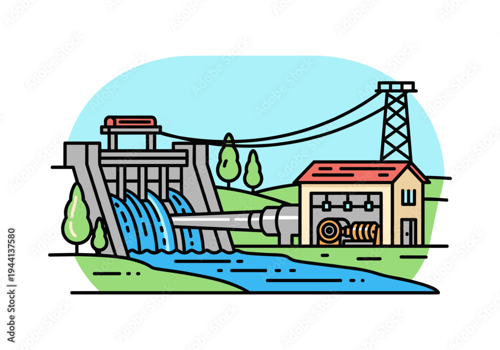 Naklejka premium Hydroelectric power plant generating clean energy from flowing water and turbines