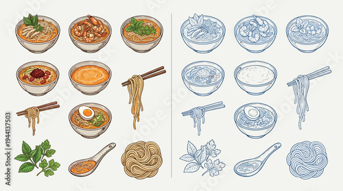 A collection of colorful and sketched illustrations of various noodle dishes, ingredients, and garnishes, showcasing diverse culinary presentations.