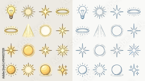 Collection of golden and blue light effect icons, including sunbursts, stars, halos, and light bulbs.