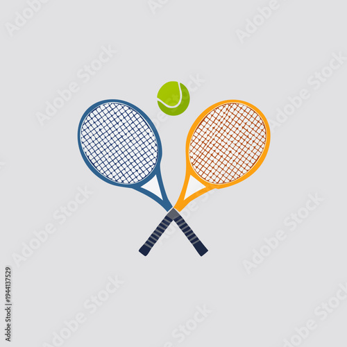 Two Tennis Rackets and Ball Crossed on Gray Background.