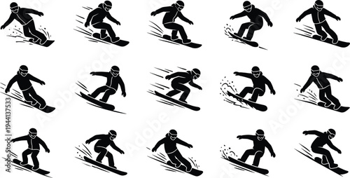 Professional Snowboarding Icon Set Featuring Snowboarders Carving Through Snow Performing Stunts and Extreme Winter Sports Action Silhouettes