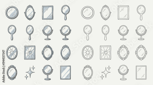 A collection of various mirror designs, including handheld, tabletop, and wall-mounted mirrors, some with decorative frames and others showing cracked or sparkling surfaces.