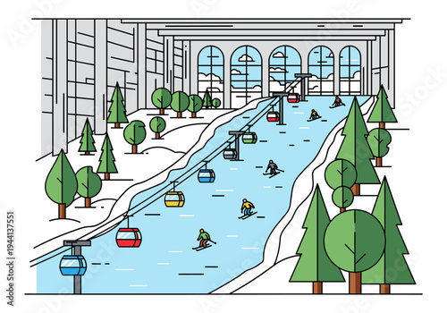 Ski resort with cable cars and skiers on a snowy slope in a modern architectural setting