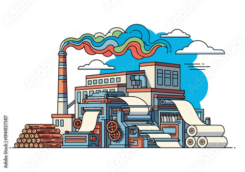 Modern factory producing paper rolls from logs with colorful smoke stacks