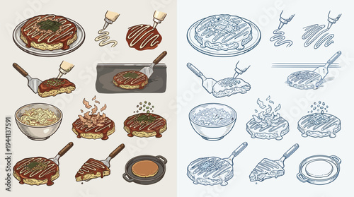 Collection of illustrations depicting the preparation and serving of okonomiyaki, a Japanese savory pancake.