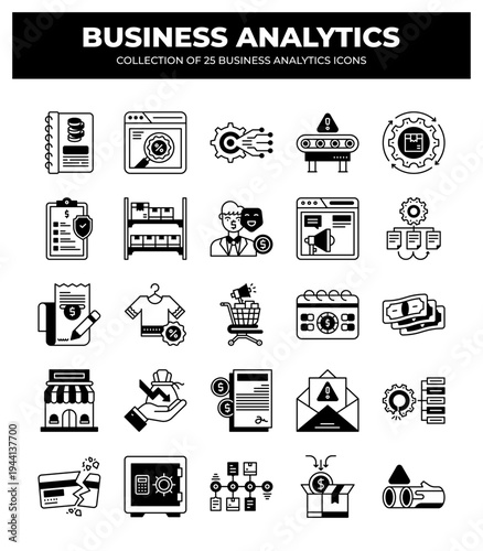Collection of Business Analytics Icons: Data Analysis. Financial Reports. and Marketing Insights