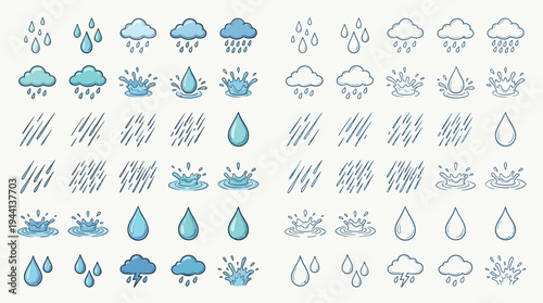 Collection of various weather icons depicting rain, water drops, and splashing effects in different styles.