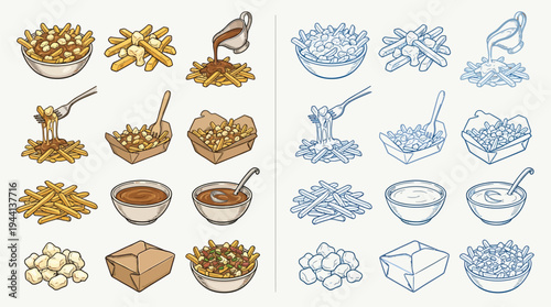 A collection of illustrations depicting the preparation and components of poutine, a Canadian dish.