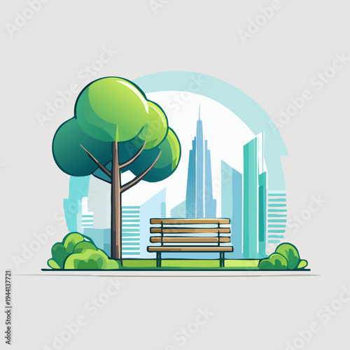 Urban Park Bench with City Skyline Background.