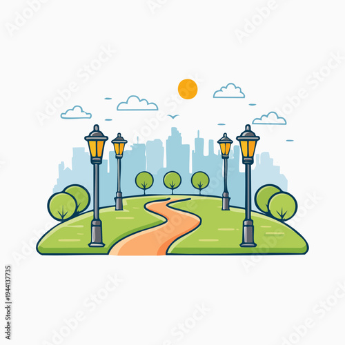 Urban park landscape with winding path and streetlights, city skyline in background.
