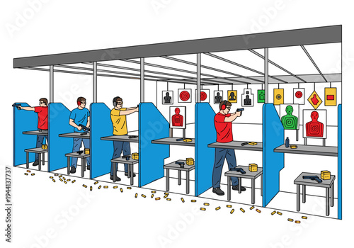 People practicing shooting handguns at an indoor gun range with targets and bullet casings