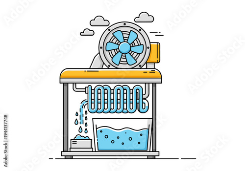 Industrial water cooler machine with fan and condensation dripping into a glass