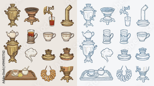 Collection of vintage samovars, tea cups, and traditional Russian tea-drinking accessories, presented in both color and line art.