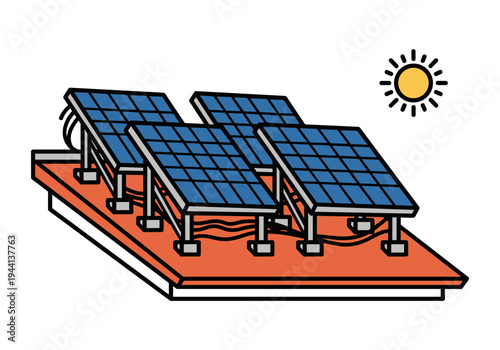 Modern solar panels array installed on a rooftop under bright sun illustration