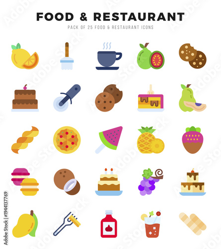 Set of 25 Food and Restaurant Flat Icons Pack.
